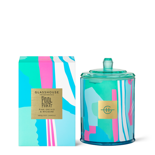 Glasshouse Fragrances Pool Party Pink Orchid and Rhubarb 380g Soy Candle with box