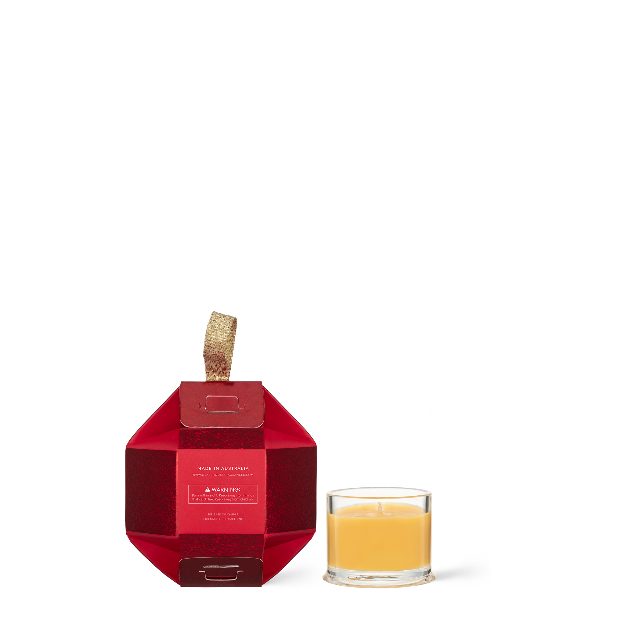 Glasshouse Fragrances A Tahaa Affair Vanilla Caramel 1.1oz Soy Candle in Christmas Bauble - Back of product shot