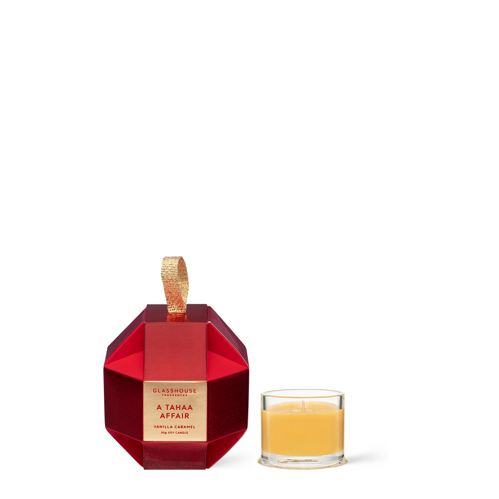 Glasshouse Fragrances A Tahaa Affair Vanilla Caramel 1.1oz Soy Candle in Christmas Bauble