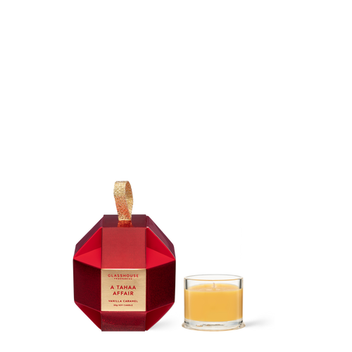 Glasshouse Fragrances A Tahaa Affair Vanilla Caramel 1.1oz Soy Candle in Christmas Bauble