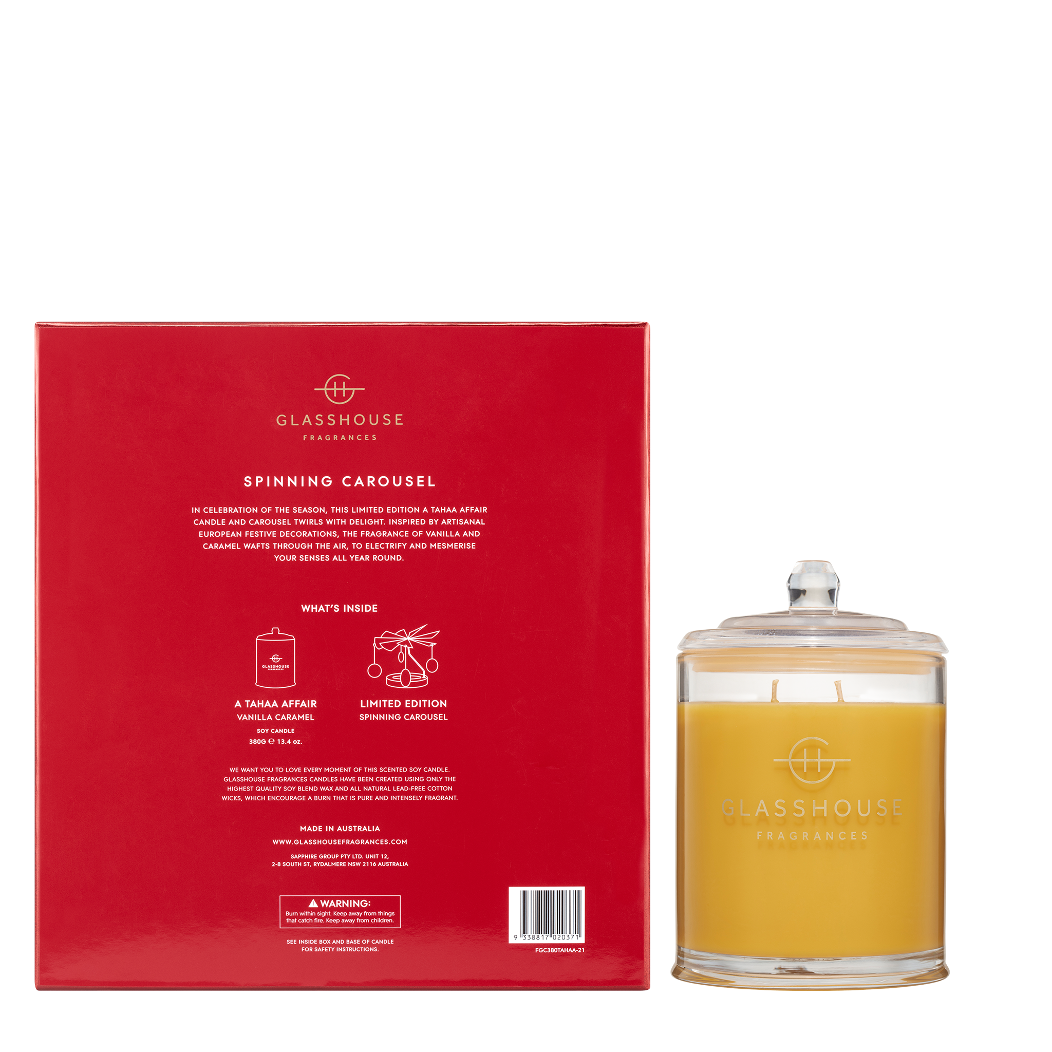 Glasshouse Fragrances A Tahaa Affair Vanilla Caramel 13.4oz Soy Candle with box - Back of  product shot