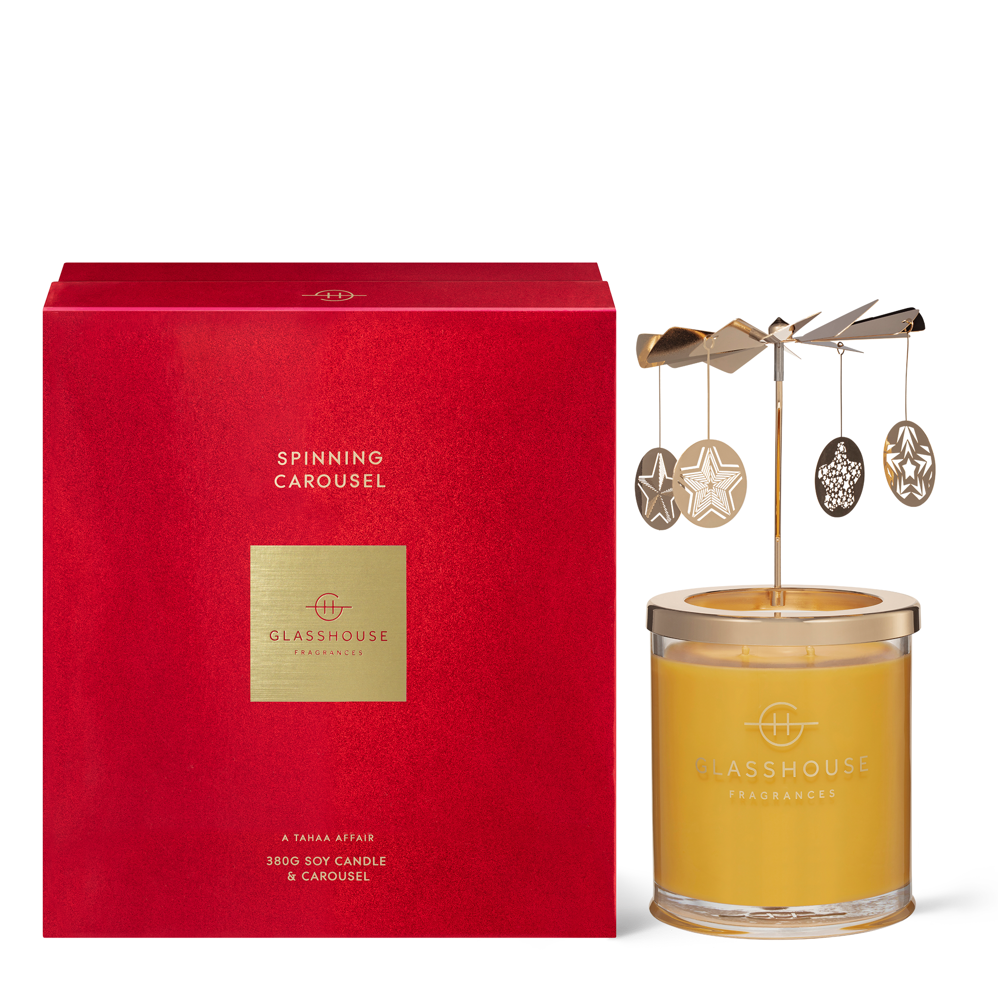 Glasshouse Fragrances A Tahaa Affair Vanilla Caramel 13.4oz Soy Candle and Spinning Carousel Attachment with box