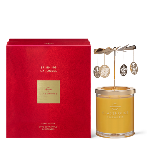Glasshouse Fragrances A Tahaa Affair Vanilla Caramel 13.4oz Soy Candle and Spinning Carousel Attachment with box