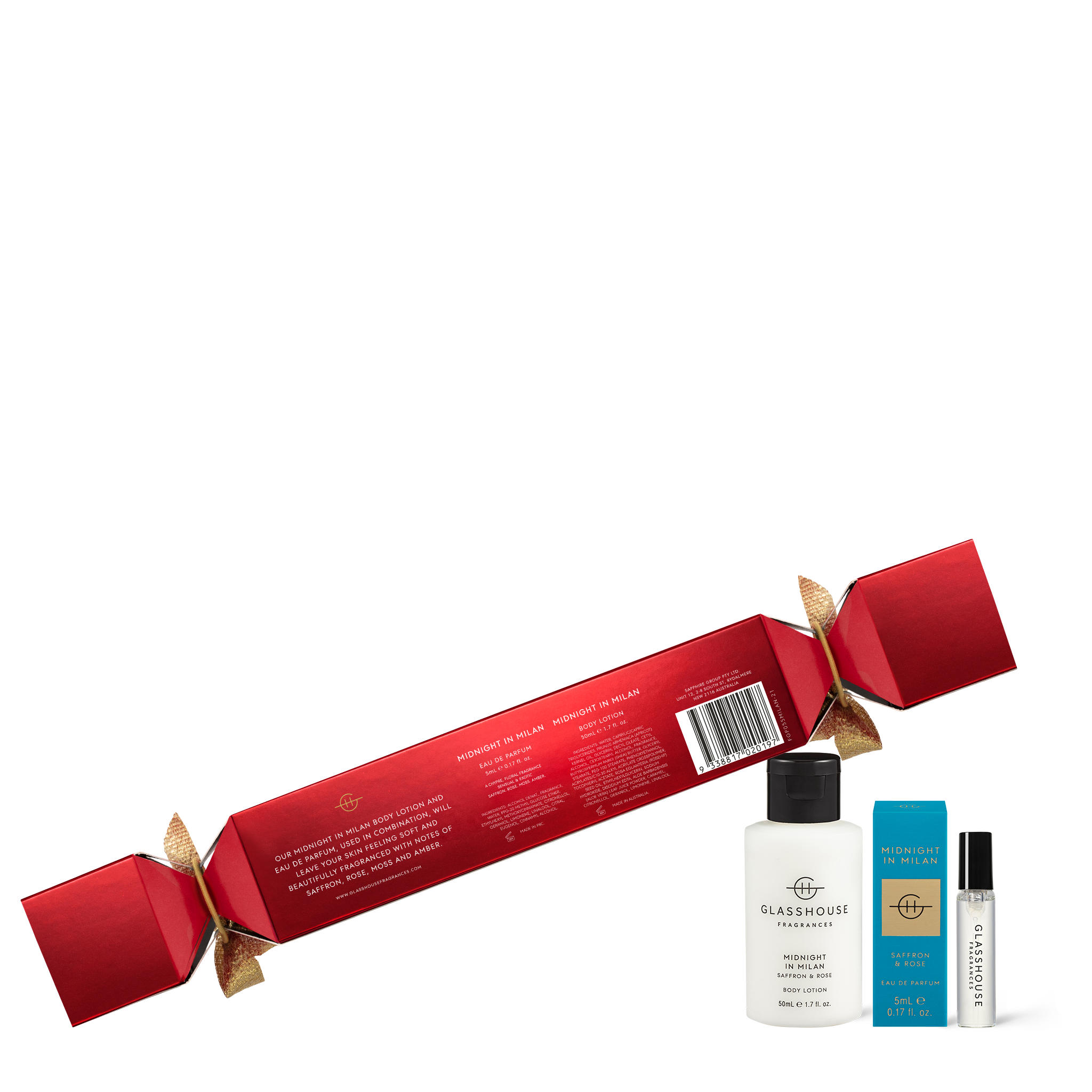 Glasshouse Fragrances Midnight in Milan Saffron and Rose 1.7oz Body Lotion, 0.17oz Eau de Parfum, bon bon box - back of product shot