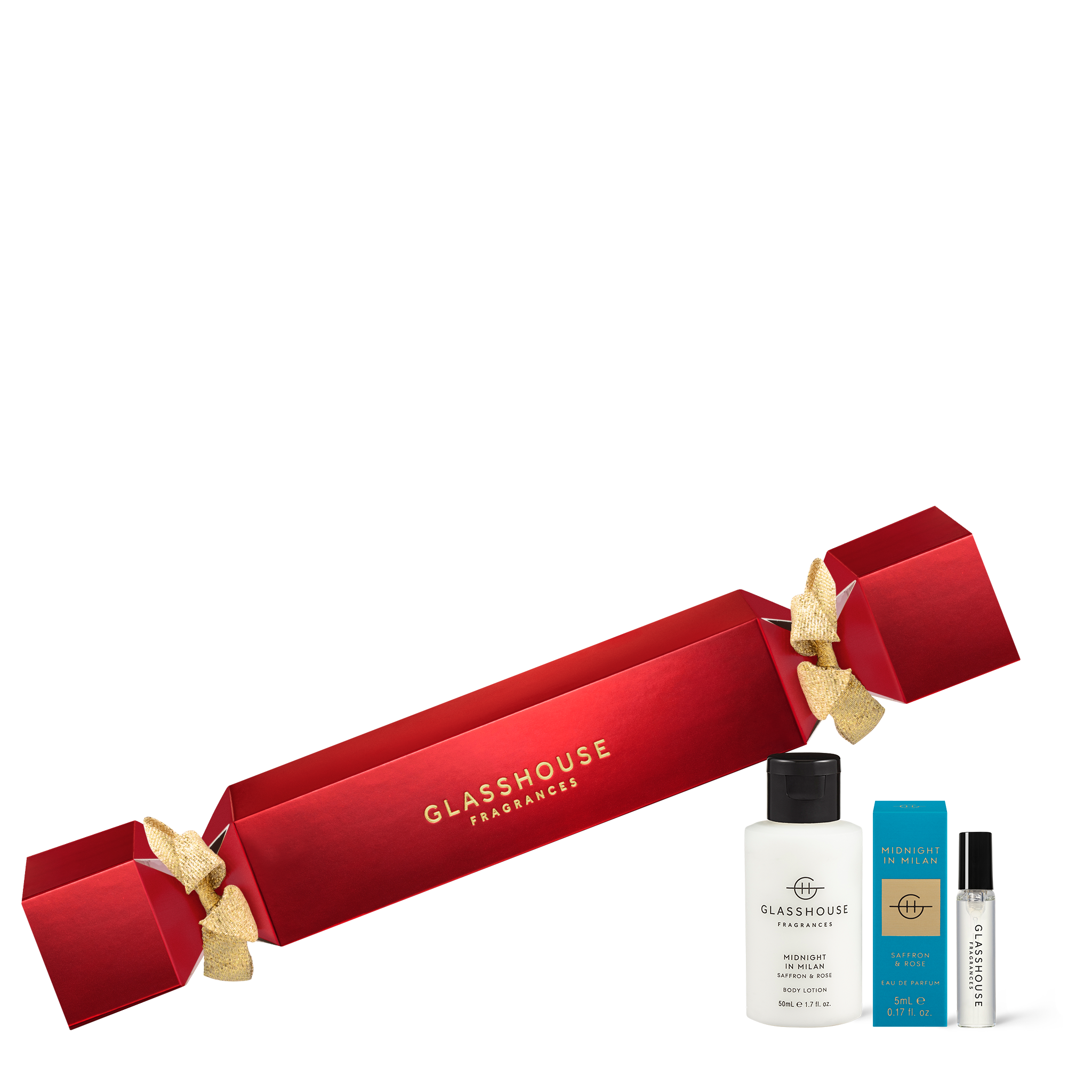 Glasshouse Fragrances Midnight in Milan Saffron and Rose 1.7oz Body Lotion and 0.17oz Eau de Parfum with bon bon box