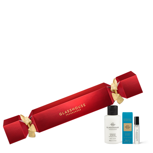Glasshouse Fragrances Midnight in Milan Saffron and Rose 1.7oz Body Lotion and 0.17oz Eau de Parfum with bon bon box